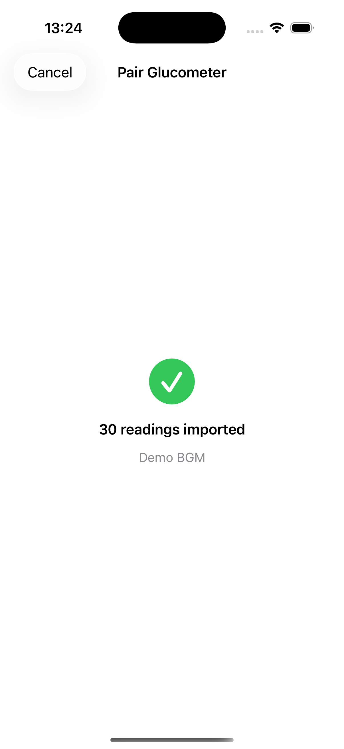 Sync complete: green checkmark, 30 readings imported from Demo BGM